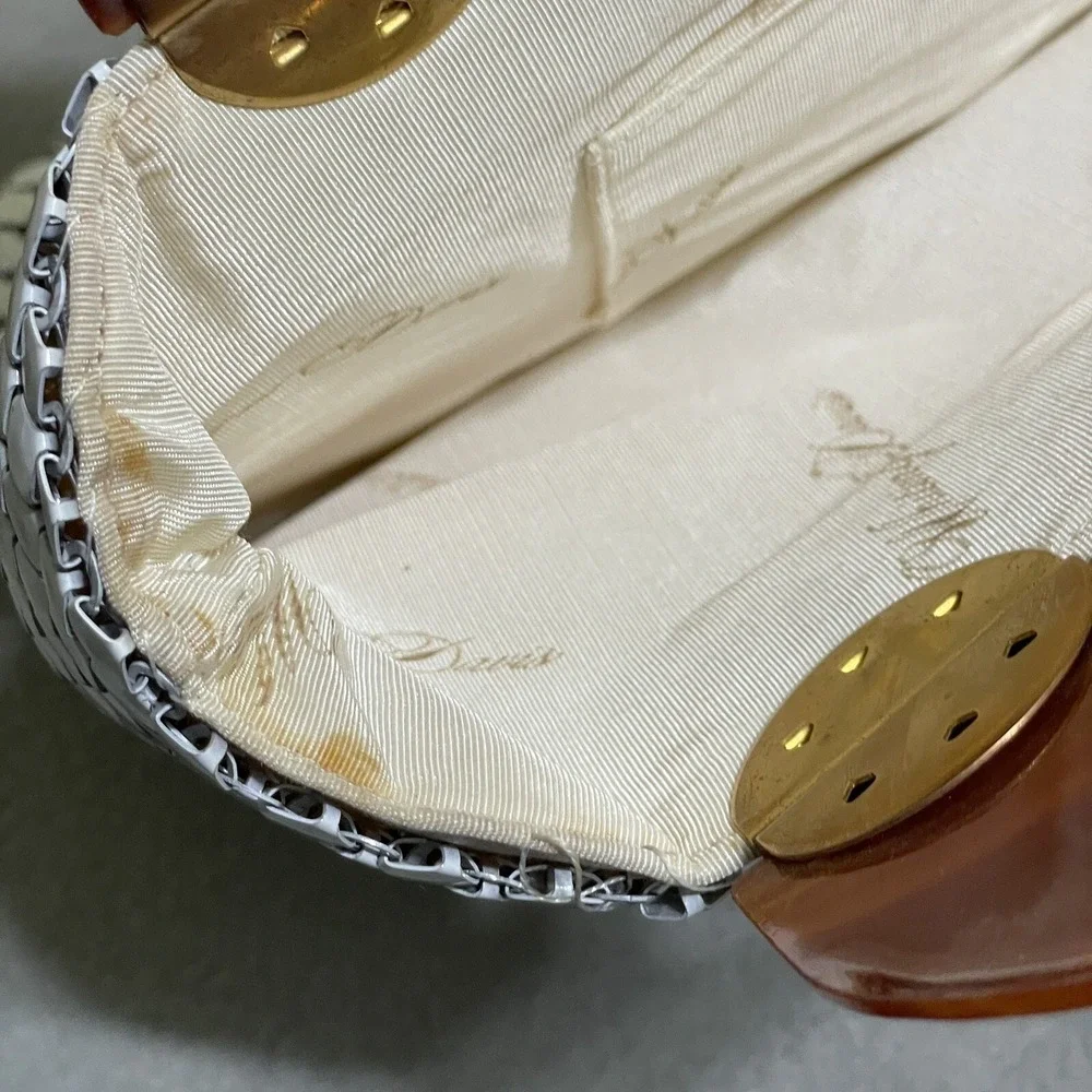 Vintage Purse Cream Mesh Tote Lucite Wood‎ Grain Handles Whiting And Davis Glam